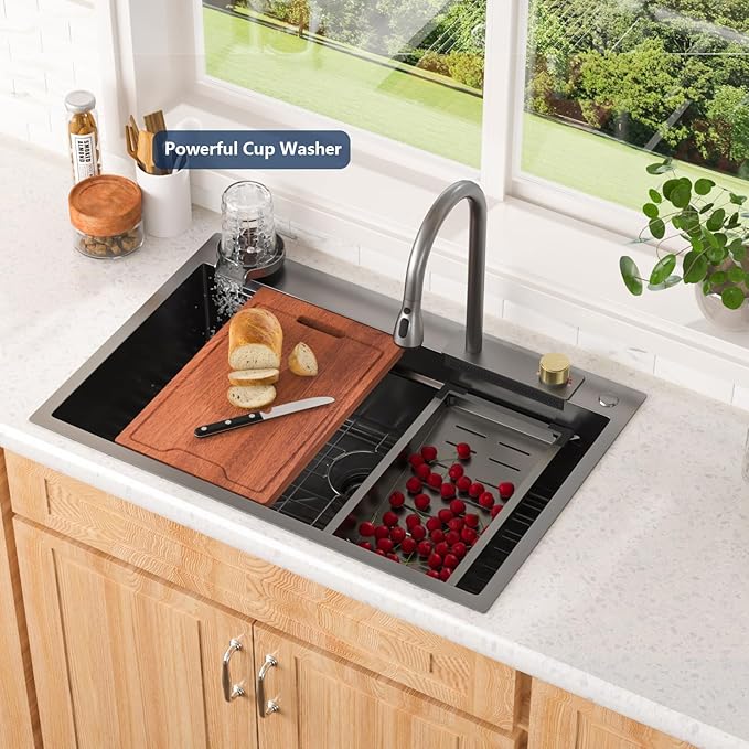 Lordear Black Waterfall Kitchen Sink Drop In 33x22 Smart Workstation Gunmetal Black 16 Gauge Single Bowl Topmount Handmade Sinks with Pull Out Faucet Glass Rinser