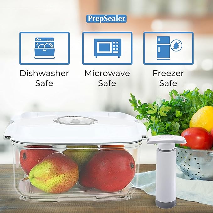 PrepSealer Food Saving Airtight BPA-free Tritan Vacuum Container (2L Rectangle + Pump + Tray) - Marinating, Fruit Keeper