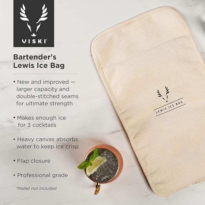 Viski Bartender’s Lewis Ice Bag - Extra Large Professional Grade Canvas Ice Crushing Bag with Reinforced Seams for Chilled Cocktails - 10″ x 18″ Set of 1 Natural