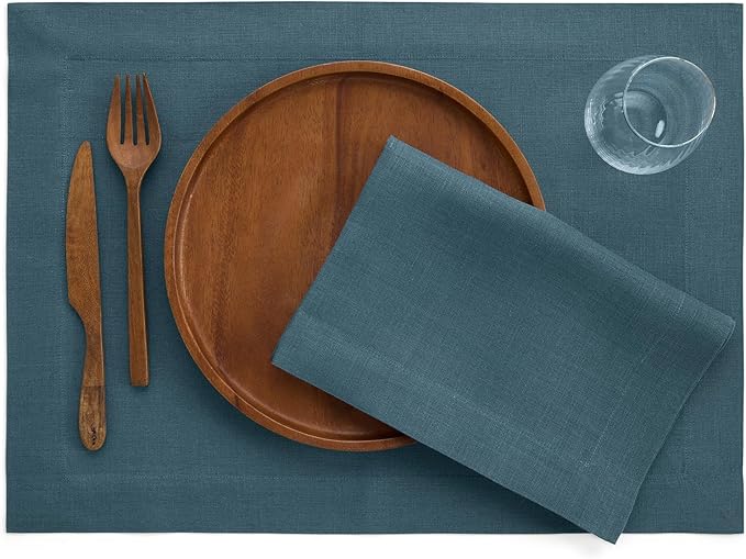 Solino Home Linen Cloth Placemats Set of 4 - 100% Pure Linen Peacock Blue Placemats 14 x 19 Inch - Fete