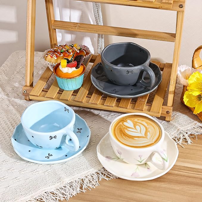 Koythin Ceramic Coffee Mug with Saucers, Handmade Flowers Mugs, Cute Cup for Girl Women, Aesthetic Tea Milk Cup with Handle, 8.5 oz/250 ml for Latte, Cocoa, Office, Home (Grey Small Bow)