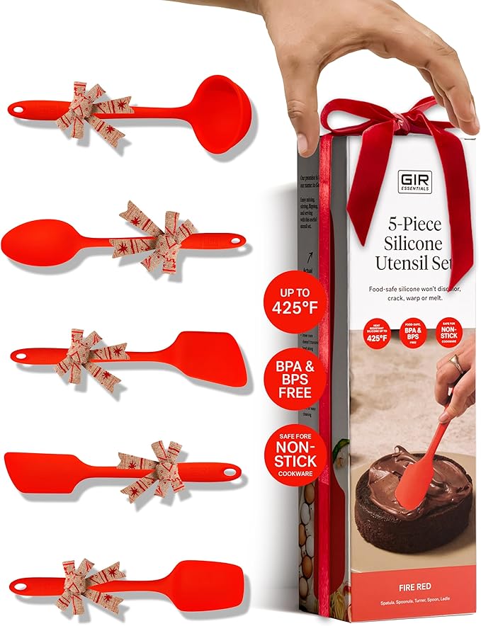 GIR: Get It Right 5-Piece Silicone Essentials Kitchen Utensils Set - Ladle, Spatula, Flip, Spoon & Spoonula - Non-Toxic Cooking Utensils for Nonstick Cookware, Cooking and Baking - Fire Red