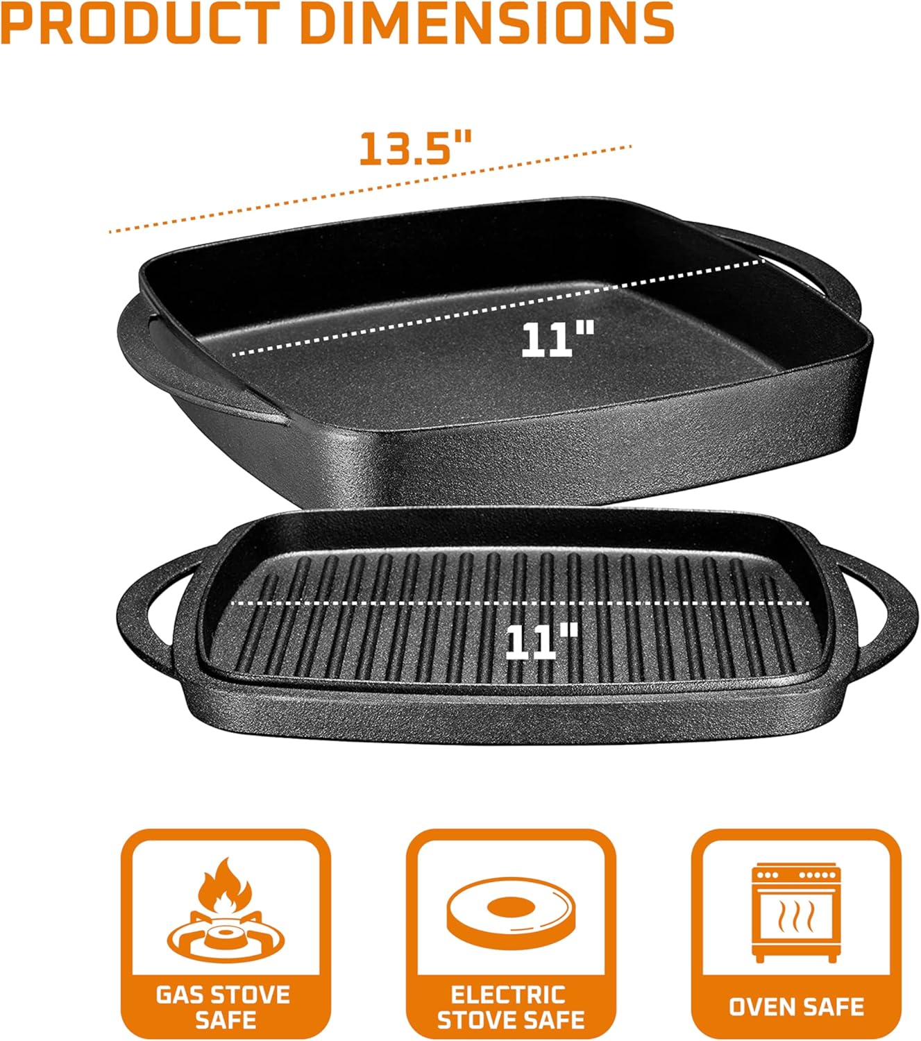 Bruntmor 2-in-1 Pre-Seasoned Cast Iron Dutch Oven and Grill Pan with Dual Handles - 11-Inch Non Stick Square Casserole Dish with Lid - Cast Iron Cookware for Braising, Crock Pot and Oven Safe Skillet