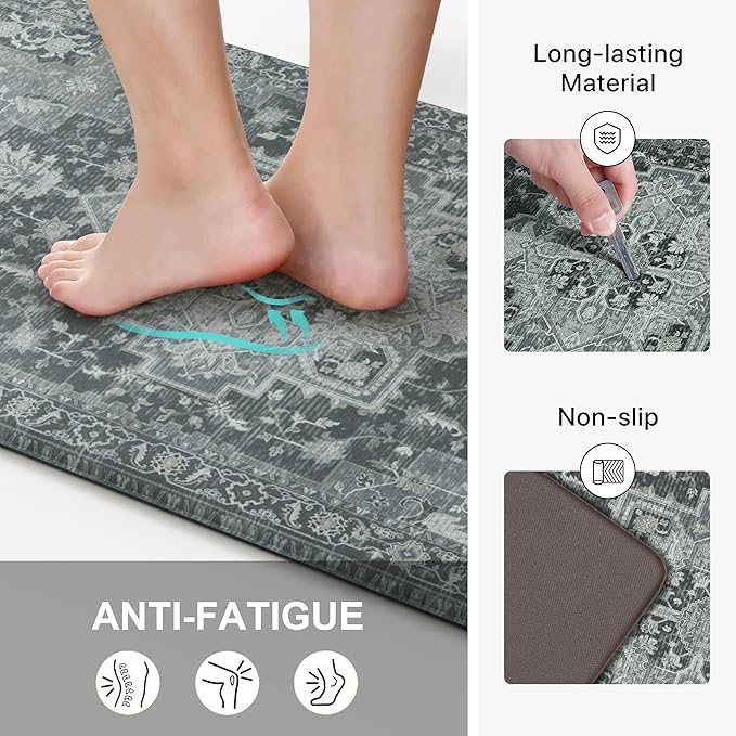 GENIMO Kitchen Mats for Floor, Washable Anti Fatigue Mat for Cushioned, 17.3"x59", Waterproof Kitchen Rugs, Non Slip Foam Comfort Standing Mat Rug for Home, Runner, Sink, Laundry, Dark Gray