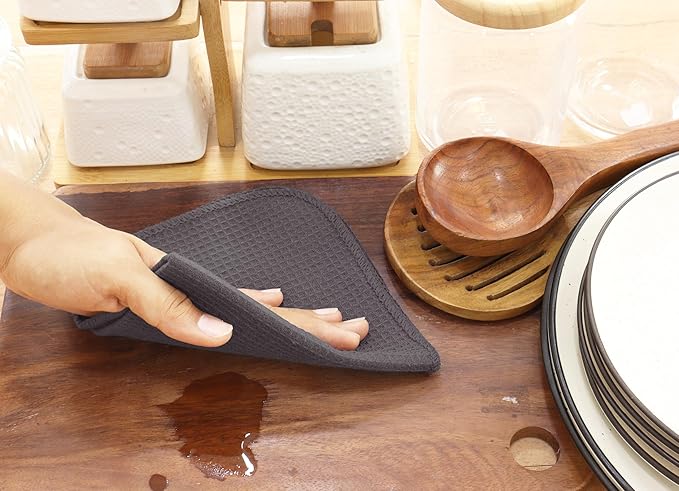 PurpleEssences Dish Cloths and Dish Rags - 8 Pack Waffle Weave Solid Kitchen Dish Wash Cloths, 100% Cotton, 12 x 12 Inches, Ultra Soft Absorbent Quick Drying - Christmas Holiday Winter - Dark Grey