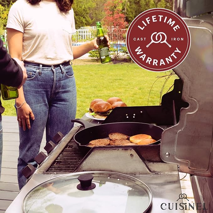 Cuisinel Cast Iron Skillet with Glass Lid Cover - Large 15"-inch Frying Pan + Red Scraper + Silicone Handle Grip - Pre-seasoned Kitchen Cookware - Indoor/Outdoor - Camping, Grilling, BBQ, Oven Use