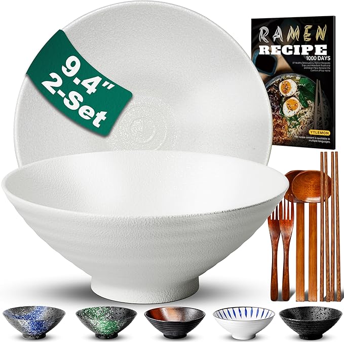 9.4Inch Ceramic Ramen Bowl Set of 2 (9 Piece) - Porcelain Japanese Salad Noodles Cereal Fruit Pasta Soup Large Bowls with Recipes Chopsticks Forks Spoons for Men Women Gift Microwave Dishwasher Safe