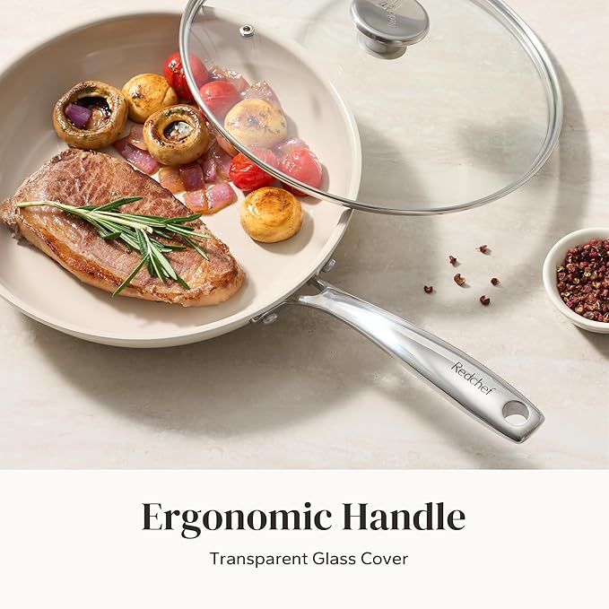 Redchef Nonstick Cookware Sets, Frying Pan Set with Tempered Glass Lids, Ceramic Cookware Set, Stay-Cool Handles, Dishwasher & Oven Safe, Compatible with All Cooktops, Beige (8+9.5+11 Inch)