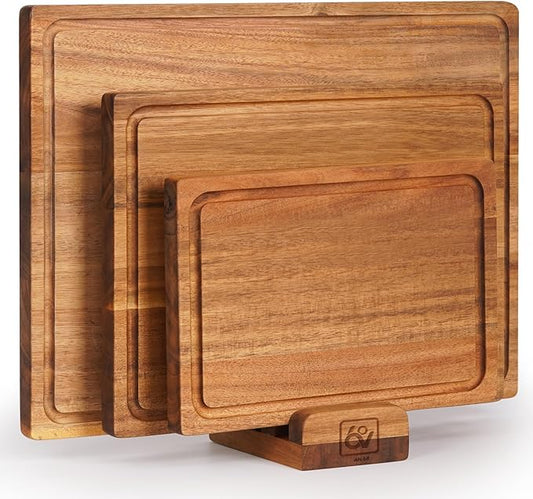 Premium Acacia Wood Cutting Board Set of 3 – Reversible Dual-Sided Boards for Chopping & Serving, 100% Natural Hardwood Butcher Blocks with Juice Groove, Multi-Size
