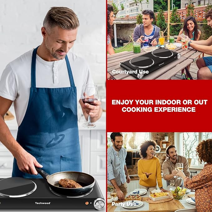 Hot Plate, Techwood 1800W Dual Electric Stove, Countertop Stove Double Burner for Cooking, Infrared Ceramic Hot Plates Double Cooktop, Brushed Stainless Steel Easy to Clean Upgraded Version, Black