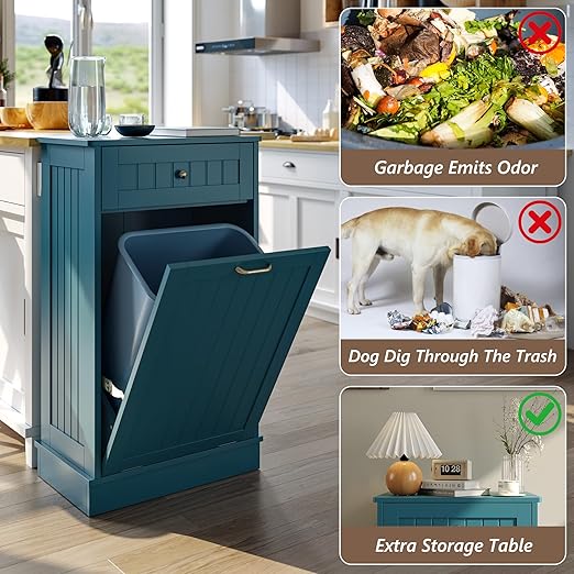 Tilt Out Trash Bin Cabinet Dog Proof Trash Can Holder Kitchen Island Without Garbage Bin or Tilt Out Laundry Hamper (Teal-Blue)