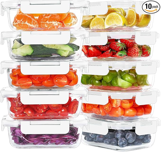 KOMUEE 10 Packs 22 oz Glass Meal Prep Containers, Glass Food Storage Containers with Lids, Airtight Lunch Boxes BPA Free, Microwave and Freezer Safe, White