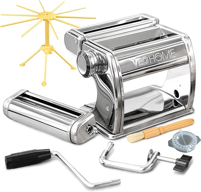 Manual Pasta Maker with Dryer - Multi-Pasta Stainless Steel Italian Flat Dough Machine with Adjustable Setting, Sharp Cutter, and Hand Crank - Fresh Homemade Noodles, Spaghetti, Lasagne | By VeoHome…
