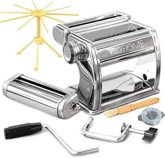 Manual Pasta Maker with Dryer - Multi-Pasta Stainless Steel Italian Flat Dough Machine with Adjustable Setting, Sharp Cutter, and Hand Crank - Fresh Homemade Noodles, Spaghetti, Lasagne | By VeoHome…