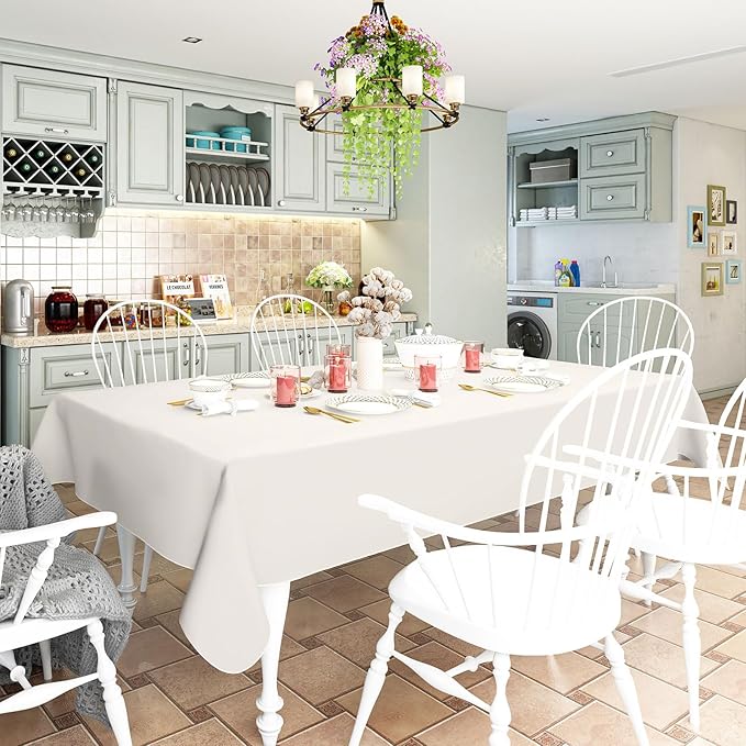 homing Rectangle Vinyl Tablecloth, Waterproof Spillproof Plastic Flannel Backed Table Cloth, Wipe Clean Table Cover for Dining, Buffet Parties and Camping (Beige, 60" x 84")