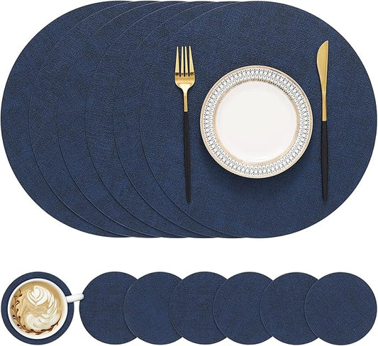 homing Round Faux Leather Placemat and Coaster 6 Packs, Washable Heat Resistant Dining Place Mats, Wipeable Double-Sided Table Mats for Indoor and Outdoor, Diameter 13 and 3.93 inch, Navy