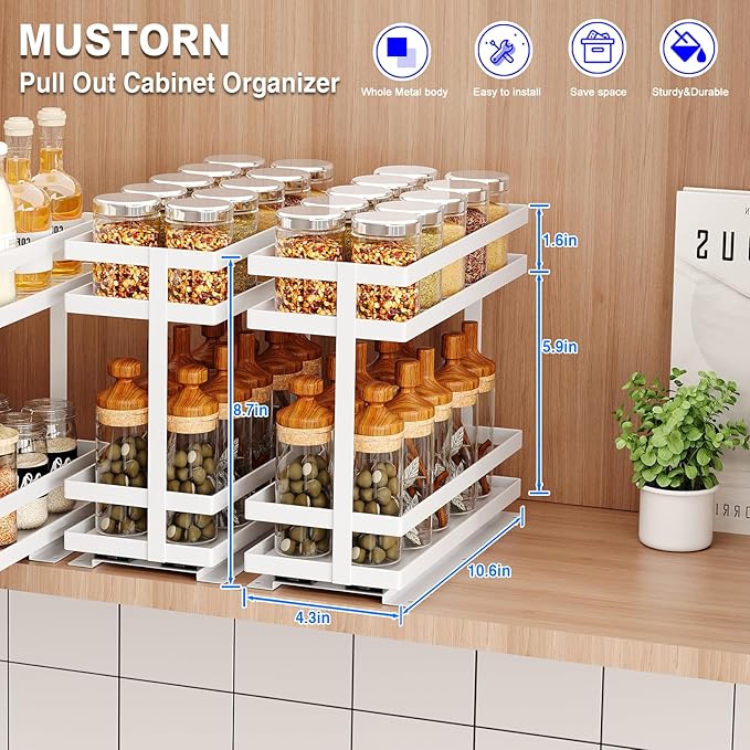 4 Pack Pull Out Spice Rack Organizer for Cabinet, 2 Tier Metal Slide Out Seasoning Organizer and Storage Heavy Duty Vertical Spice Rack Shelf Pullout for Kitchen Cabinets No Drilling (White)