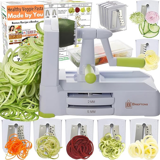 Brieftons 7-Blade Vegetable Spiralizer: Strongest-Heaviest Spiral Slicer, Best Veggie Pasta Spaghetti Maker for Low Carb/Paleo/Gluten-Free Meals, With Container, Lid, Blade Caddy & 4 Recipe Ebooks