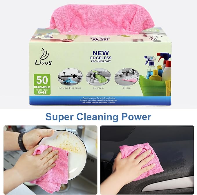 LIVOS 50 Pack Microfiber Cleaning Cloth in Box, Reusable Cleaning Rags, 11.5"x11.5", Edgeless Microfiber Wipes, Lint Free, Absorbent Shop Towels for Kitchen, Car, Glass (Pink)