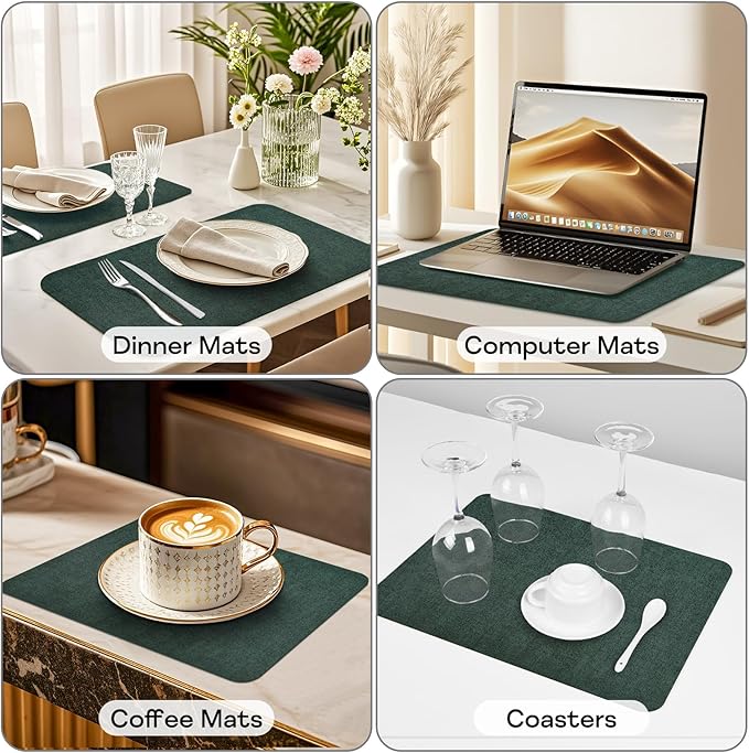 Vinly Placemats Set of 6 - Waterproof Wipeable Faux Leather Table Place Mats Heat Resistant Anti Slip Table Mats for Dining, Indoor, Outdoor, 15.8" x 11.8" (Dark Green)