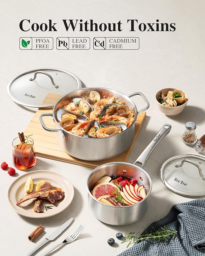 Stainless Steel Cookware Set,Tir-Ply Pots and Pans Set,13 Pcs Stainless Steel Induction Kitchen Cookware Sets,PFOA Free, Frying Pans,Saucepans,Saute Pan & Stock Pot,Compatible with All Cooktops