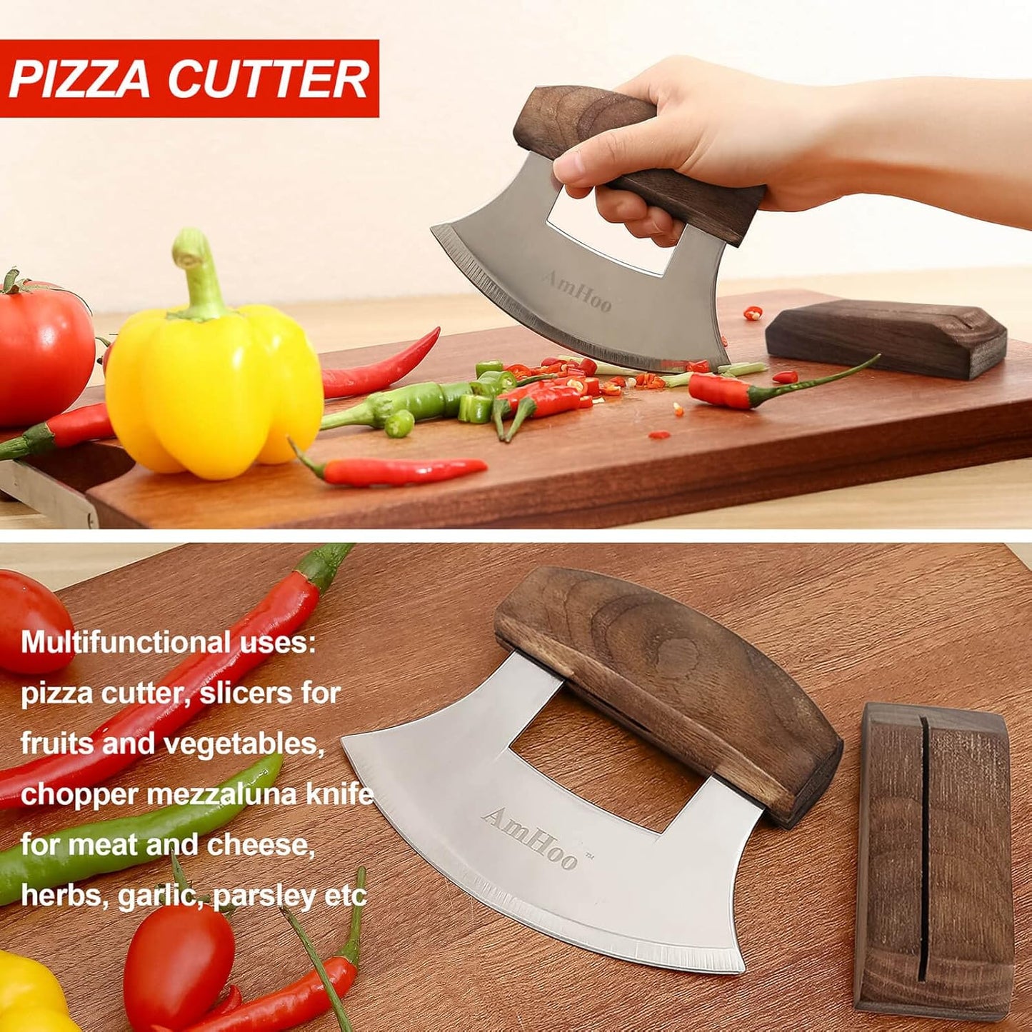 AmHoo Pizza Cutter Chef Mezzaluna Ulu Knife Handle Walnut Wood Grip Sharp Rocker Slicer Stainless Steel Blade Salad Onion Vegetable Chopper with Holder Base Christmas Gifts