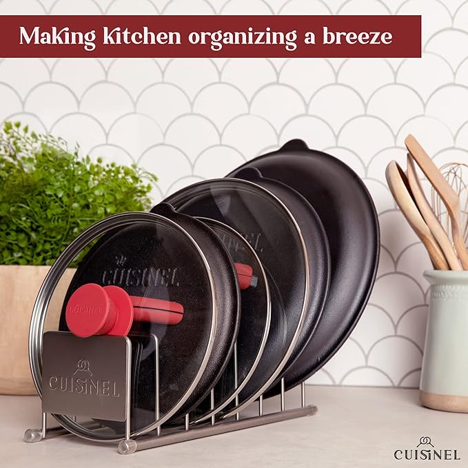 Cuisinel Lid and Dish Organizer Rack - 2-Pack Satin Nickel Kitchen Storage Organization Stand - Plate Holder, Pan/Pot Covers, Cutting Board and Cookie Sheet Divider - 7-Tier Cabinet/Counter Display