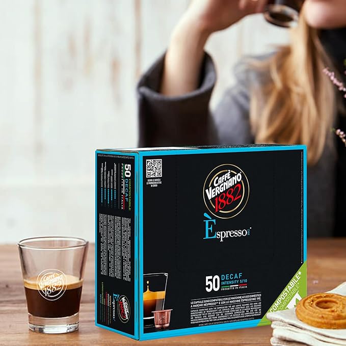Caffe' Vergnano 1882 Decaf Medium Roast Espresso Original Line Machine Compatible Capsules, Arabica Robusta Espresso Coffee, Italian Coffee for Nespresso Machines, Intensity 5/10, Decaffeinato, 50 Ct