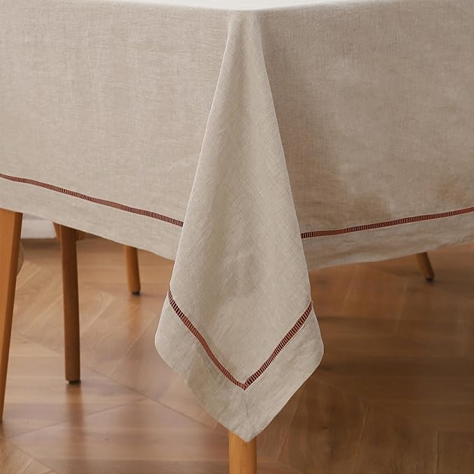 Hemstitch Linen Tablecloth,100% Natural French Flax,60x90Inch Handcrafted Natural-Macchiato Linen Table Cloth,Tabletop Decoration,Table Cloths for Kitchen,Dining(Natural-Macchiato)
