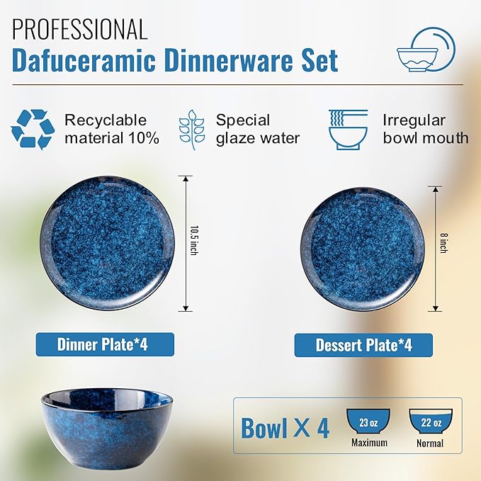 Plates and Bowls Sets, 12 Pieces Dark Blue Dinnerware Sets for Kitchen, Reactive Glaze Dishes Set for 4, Dishwasher and Microwave Safe, Series Starflecked Shore(Dark Blue)