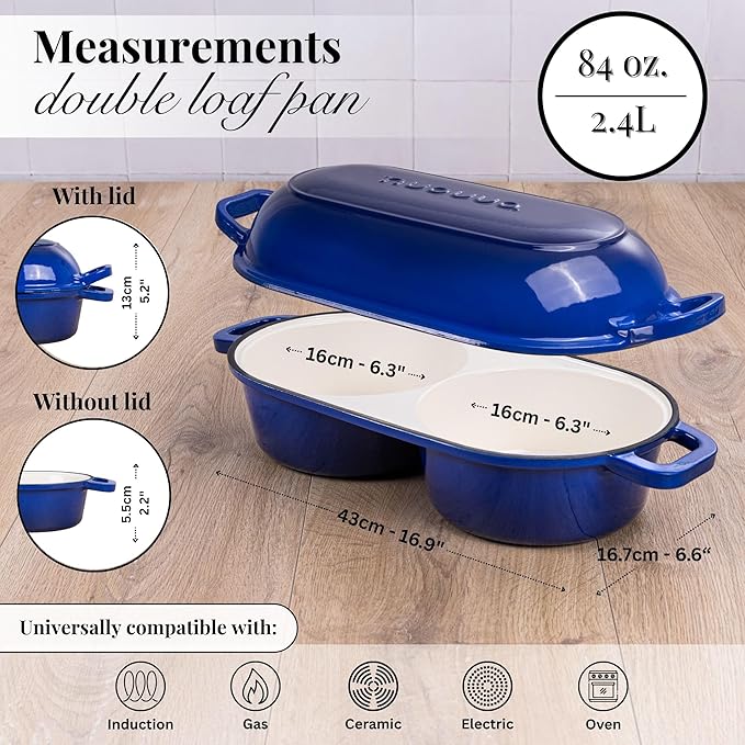 Dutch Oven For Sourdough Bread Baking – Enamelled Cast Iron Bread Loaf Pot – 500°F Oven Safe Non Stick Bread Pot – Double Round Loaf Space, 16.5cm Diameter, Dark Blue, – by Nuovva