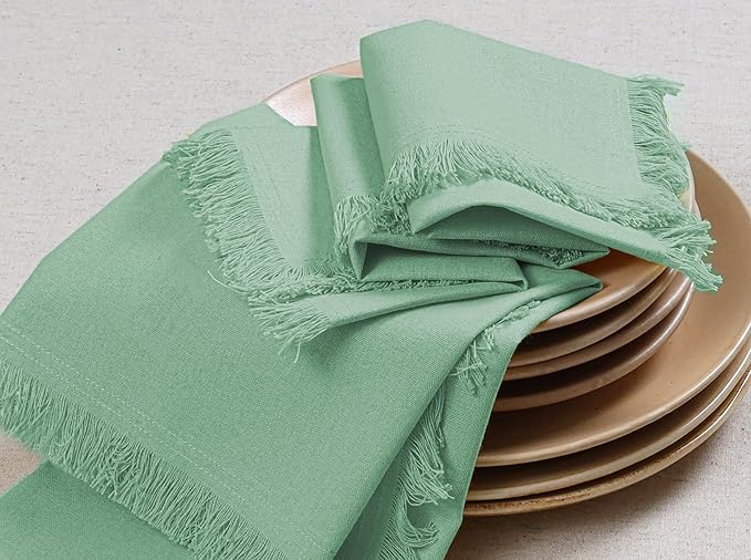 Bedding Craft Cotton Cloth Dinner Napkins Set of 12 – 18x18 Bird Egg Gray (Sea Green) with Fringed Corners – Machine Washable Fabric Napkins for Weddings, Parties & Everyday Dining