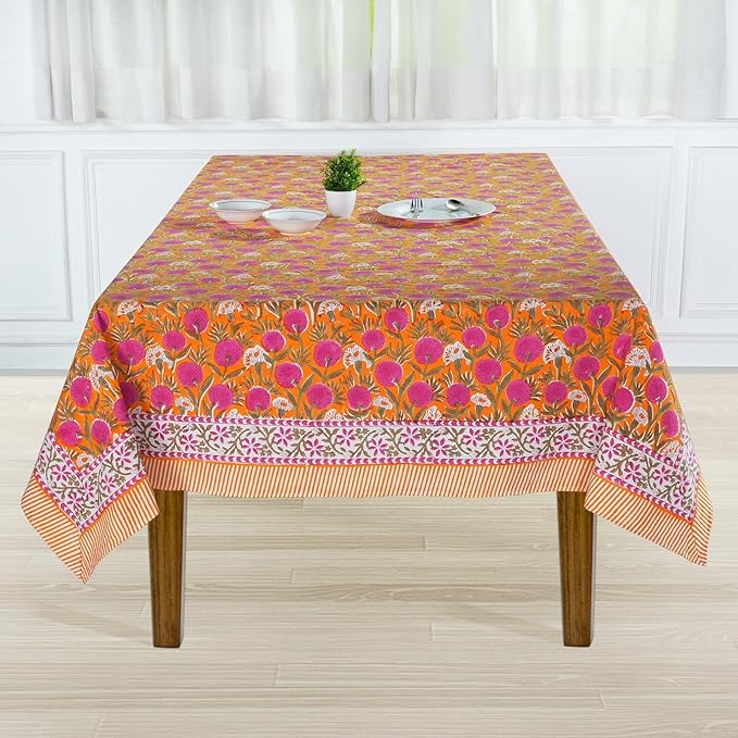 Ridhi -Bubblegum Pink Cotton Tablecloth, Handblock Print Floral Table Cloth for Kitchen Dining Linen I Thanksgiving, Christmas, Wedding, Fall Décor 16 Seater 72X190 Inches Rectangle