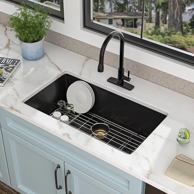 33 Granite Composite Kitchen Sink - Fulorni 33"×19" Granite Kitchen Sink Undermount Matte Black Quartz Classic Under Counter Single Bowl Basin