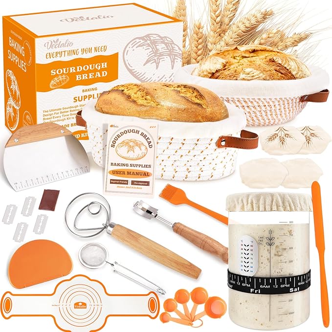 Sourdough Starter Kit, Sourdough Bread Baking Supplies, Sour Dough Starter Kits, Woven Bread Proofing Basket, Sourdough Kit Jar Sour Dough Bread Making Tools Kit Accessories, Gifts for Women Mom Wife