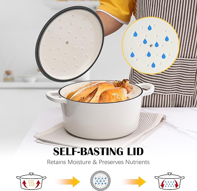 E-far Enameled Dutch Oven Pot for Bread Baking, 6QT Enameled Cast Iron Cookware with Self-Basting Lid & Sourdough Bread Baking Supplies, Heavy Duty Casserole Pot & Dual Handles-White