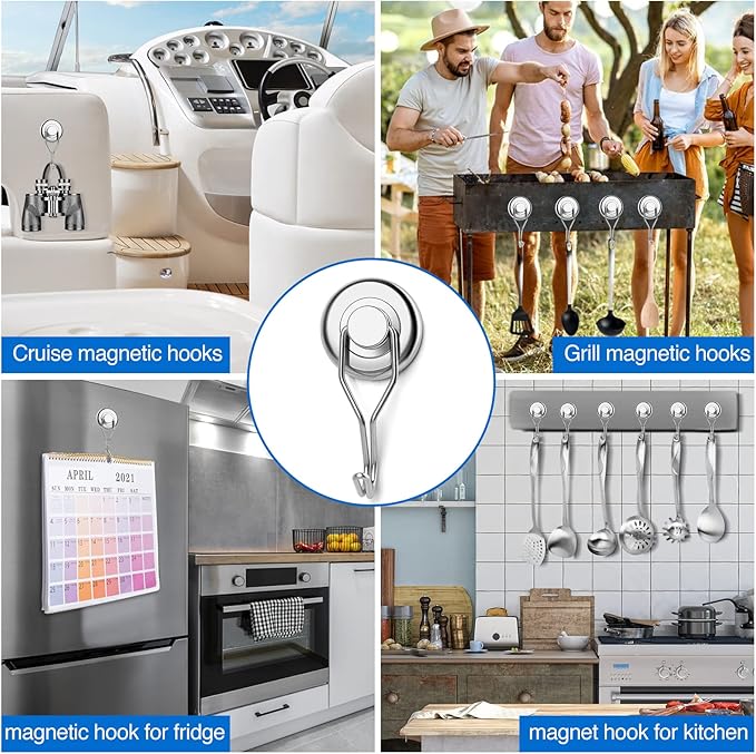 LOVIMAG Hooks, 110lbs+ Magnetic Magnet Hook 2025 Cruise Cabin Ship Essentials Heavy Duty Strong Refrigerator Fridge Hanging for Classroom Beach Vacation Kitchen Grills Home Mug Hanger (8 Pack), Silver