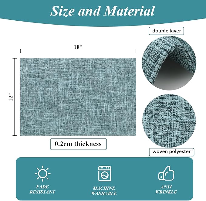 SHACOS Washable Fabric Placemats Set of 4 Heat Resistant Double Layer Cloth Table Mats Non Slip Farmhouse Place Mats, Blue Grey