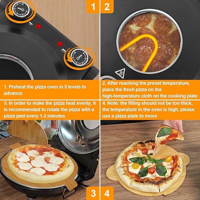 Pizza Oven Indoor, 12 Inch Retro Pizza Maker, Rapid Heating 800˚F, 1200W Glazed Ceramic Stone Electric Pizza Cooker, Two-button Precise Temperature Control, Viewing Window for Precise Cooking