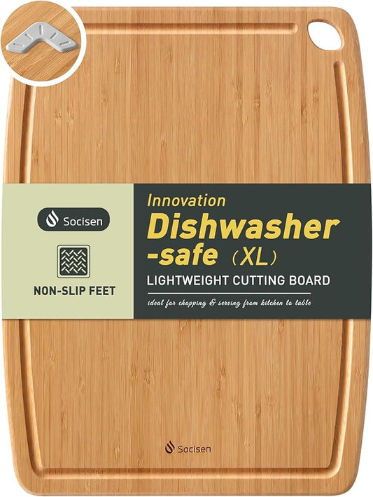 Lightweight Durable Bamboo Cutting Board with Non-Slip Feet, Extra Large Big Wood Cutting Boards for Kitchen with Juice Groove, Wooden Charcuterie & Chopping for Fruit, Vegetables & Cheese