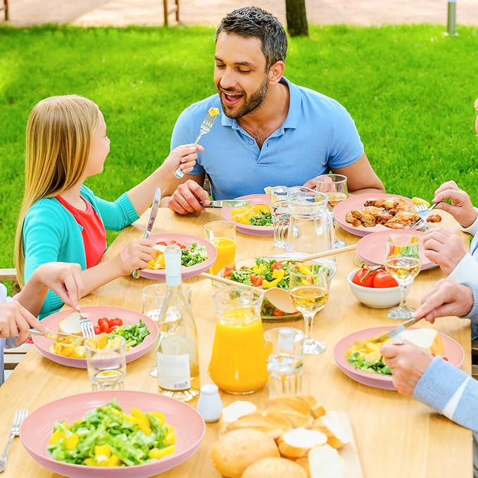 Supernal Pink Wheat Straw Dinnerware Sets,Unbreakable Dishes for 8, Plate and Bowls Sets, Reusable Plates, Microwave Dishwasher Safe Plates,Plastic Dinnerware Set, Pink Plastic Tableware