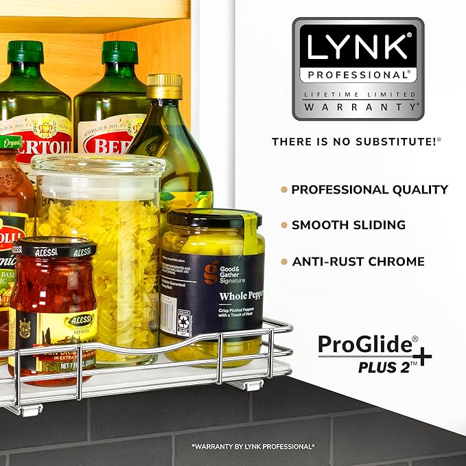 LYNK PROFESSIONAL® Pull Out Spice Rack Organizer for Inside Kitchen Cabinets - 10-3/8 inch Wide - Slide Out Drawer – Chrome Sliding Spice Cabinet Organization Shelf Racks - 1 Tier