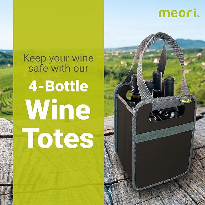 meori Foldable 4 Bottle Wine Tote Lava Black Organize Crate Glass Dividers Stylish Travel Storage Box Liquor Spirits Tastings Grocery Shopping Hostess Gift (A100813)