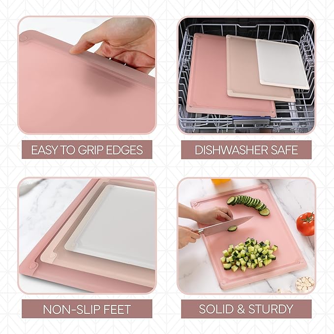 COOK WITH COLOR Extra Large Cutting Board Set, Jumbo-Sized Boards with Rubber Border for Enhanced Cooking Experience, 3-Piece, Pink