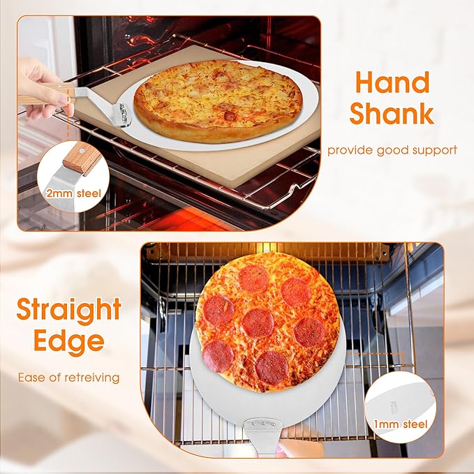 12 Inch Stainless Pizza Peel with Pizza Cutter, Pizza Spatula with Ergonomic Long Wood Handle for Pizza Oven Baking, Turing Peel for Pizza, Dough, Bread Pastry