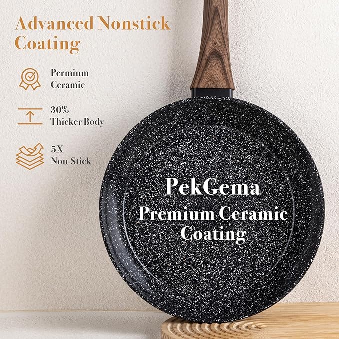 PekGema 14 Pcs Ceramic Cookware Sets, Pots and Pans Set Nonstick, Non Toxic Healthy Non stick Kitchen Cooking Set, Induction Cookware with Frying Pan Set, PFAS PTFE PFOA FREE, Black