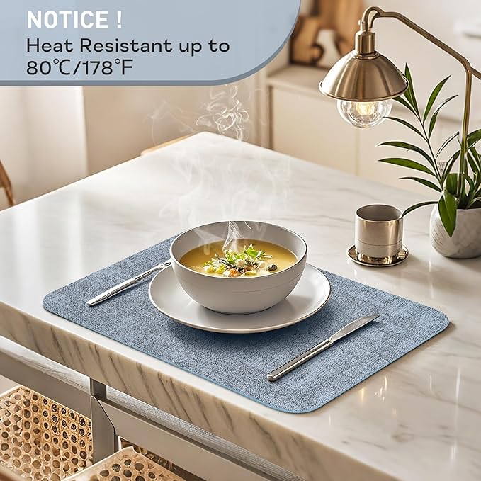 Vinly Placemats Set of 6 - Waterproof Wipeable Faux Leather Table Place Mats Heat Resistant Anti Slip Table Mats for Dining, Indoor, Outdoor, 15.8" x 11.8" (Blue,)