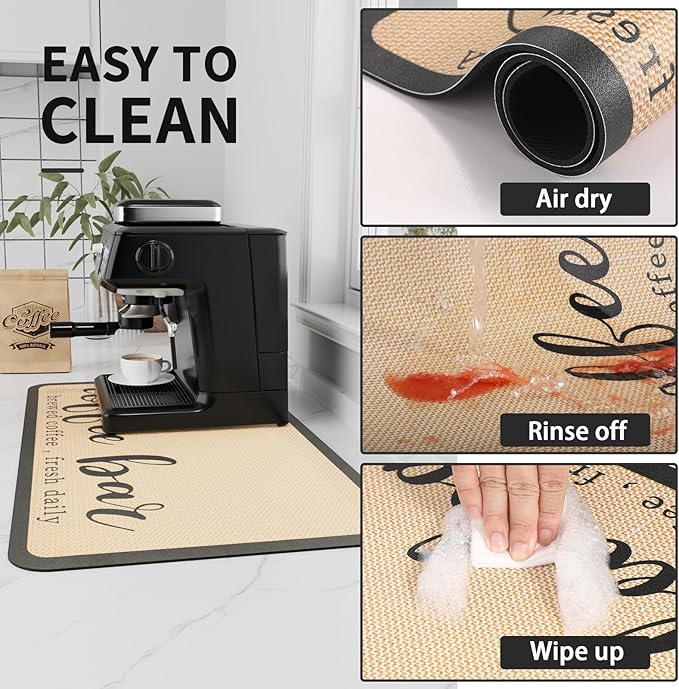Coffee Mat - Absorbent Hide Stain Rubber Backed Dish Drying Mat for Kitchen Counter - Bar Mats for Countertops Accessories Fit Under Coffee Maker Espresso Machine