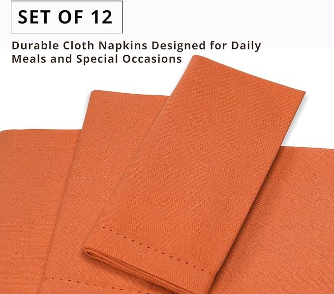 PurpleEssences Set of 12 Hemstitch Cloth Dinner Napkins 100% Cotton - Soft Durable Washable - Ideal for Wedding Christmas Holiday Winter - Perfect Everyday Use Table Linen 18x18 - Orange