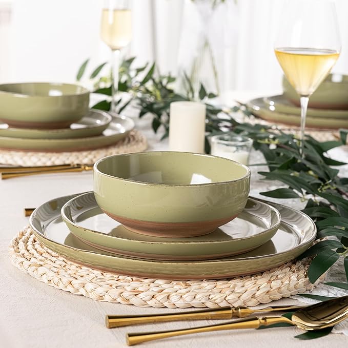 AmorArc Ceramic Dinnerware Sets for 4, 12 Pieces Handpainted Plates and Bowls Set with Rustic Terracotta Underside, Scratch Resistant Stoneware Dishes Set, Dishwasher & Microwave Safe, Olive Green